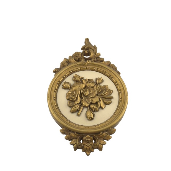 Vintage Syroco 7490 B C Gold Floral Wall Plaques Pair Maximalist Regency 70s USA - Picture 4 of 9